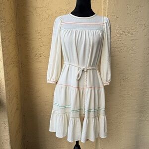 Current Air Textured Cream Dress Sz XS Linen Blend Colorful Stitching 3/4 Sleeve